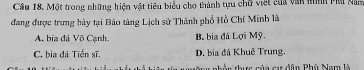 Một trong những hiện vật tiêu biểu cho thành tựu chữ viết của văn minh Phu Nam
đang được trưng bày tại Bảo tàng Lịch sử Thành phố Hồ Chí Minh là
A. bia đá Võ Cạnh. B. bia đá Lợi Mỹ.
C. bia đá Tiến sĩ. D. bia đá Khuê Trung.
n h n thực của cự dân Phù Nam là