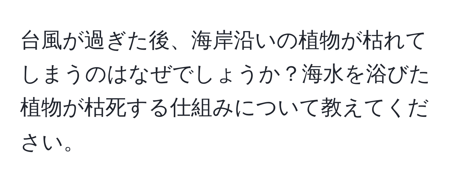 台風が過ぎた後、海岸沿いの植物が枯れてしまうのはなぜでしょうか？海水を浴びた植物が枯死する仕組みについて教えてください。