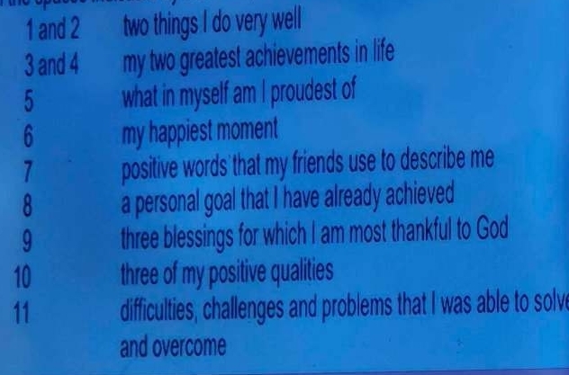 and 2 two things I do very well 
3 and 4 my two greatest achievements in life 
5 what in myself am I proudest of 
6 my happiest moment 
7 positive words that my friends use to describe me 
8 a personal goal that I have already achieved 
9 three blessings for which I am most thankful to God 
10 three of my positive qualities 
11 difficulties, challenges and problems that I was able to solve 
and overcome