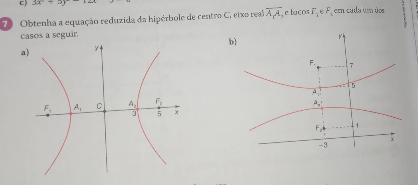 3x+5y-12x
7) Obtenha a equação reduzida da hipérbole de centro C, eixo real overline A_1A_2 e focos F_1 e F_2 em cada um dos
casos a seguir. 
a