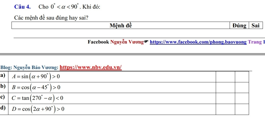 Cho 0° <90°. Khi đó:
Các mệnh đề sau đúng hay sai?
Mệnh đề Đúng Sai
g 1
B
a
b
c
d