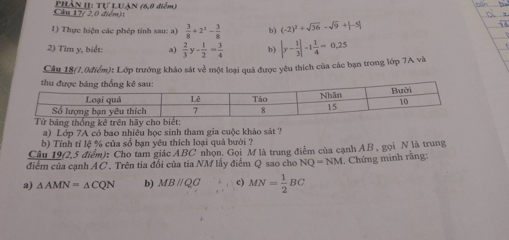 PHÀN II: Tự LUẠN (6,0 điểm) 
can 
Câu 17( 2,0 điểm): 
1) Thực hiện các phép tính sau: a)  3/8 +2^2- 3/8 
b) (-2)^2+sqrt(36)-sqrt(9)+|-5|
2) Tìm y, biết: a)  2/3 y- 1/2 = 3/4  |y- 1/3 |-1 1/4 =0,25
b) 
Câu 18(1,0điểm): Lớp trưởng khảo sát về một loại quả được yêu thích của các bạn trong lớp 7A và 
a) Lớp 7A có bao nhiêu học sinh tham gia cuộc khảo sát ? 
b) Tính tỉ lệ % của số bạn yêu thích loại quả bưởi ? 
Câu 19(2,5 điểm): Cho tam giác ABC nhọn. Gọi M là trung điểm của cạnh AB , gọi N là trung 
điểm của cạnh AC. Trên tia đối của tia NM lấy điểm Q sao cho NQ=NM. Chứng minh rằng: 
a) △ AMN=△ CQN b) MBparallel QC c) MN= 1/2 BC