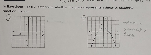 In Exercises 1 and 2, determine whether the graph represents a linear or nonlinear 
function. Explain. 
1 ②