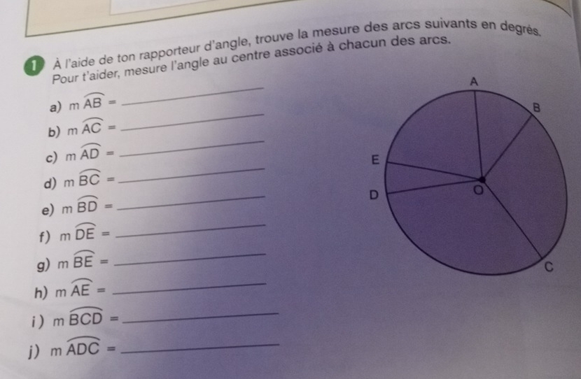 À l'aide de ton rapporteur d'angle, trouve la mesure des arcs suivants en degrés 
_ 
Pour t'aider, mesure l'angle au centre associé à chacun des arcs. 
_ 
a) mwidehat AB=
_ 
b) mwidehat AC=
_ 
c) mwidehat AD=
d) mwidehat BC=
e) mwidehat BD=
_ 
f) mwidehat DE=
_ 
g) mwidehat BE= _ 
h) mwidehat AE= _ 
i) moverline BCD= _ 
j) mwidehat ADC= _