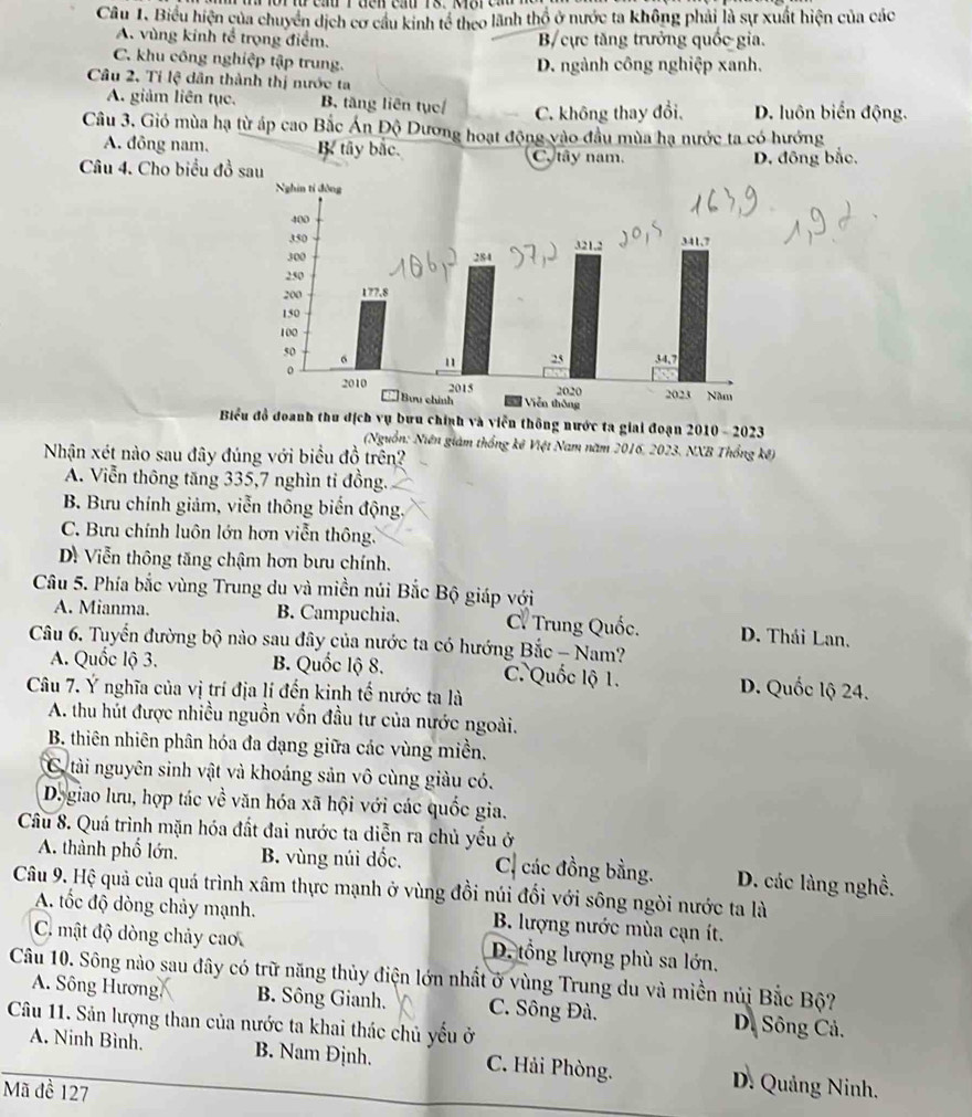 Biểu hiện của chuyển dịch cơ cầu kinh tế theo lãnh thổ ở nước ta không phải là sự xuất hiện của các
A. vùng kinh tể trọng điểm. B/ cực tăng trưởng quốc gia.
C. khu công nghiệp tập trung. D. ngành công nghiệp xanh.
Câu 2, Tỉ lệ dân thành thị nước ta
A. giảm liên tục. B. tăng liên tục/ C. không thay đổi. D. luôn biển động.
Câu 3. Gió mùa hạ từ áp cao Bắc Án Độ Dương hoạt động vào đầu mùa hạ nước ta có hướng
A. đông nam. Bể tây bắc. C. tây nam.
Câu 4. Cho biểu đồ sau D. đông bắc,
Biểu đồ đoanh thu dịch vụ bưu chính và viễn thông nước ta giai đoạn 2010 - 2023
(Nguồn: Niên giám thống kê Việt Nam năm 2016, 2023, NXB Thổng kê)
Nhận xét nào sau đây đúng với biểu đồ trên?
A. Viễn thông tăng 335,7 nghìn tỉ đồng.
B. Bưu chính giảm, viễn thông biến động.
C. Bưu chính luôn lớn hơn viễn thông.
Dề Viễn thông tăng chậm hơn bưu chính.
Câu 5. Phía bắc vùng Trung du và miền núi Bắc Bộ giáp với
A. Mianma. B. Campuchia. C. Trung Quốc. D. Thái Lan.
Câu 6. Tuyển đường bộ nào sau đây của nước ta có hướng Bắc - Nam?
A. Quốc lộ 3. B. Quốc lộ 8. C. Quốc lộ 1. D. Quốc lộ 24.
Câu 7. Ý nghĩa của vị trí địa lí đến kinh tế nước ta là
A. thu hút được nhiều nguồn vốn đầu tư của nước ngoài.
B. thiên nhiên phân hóa đa dạng giữa các vùng miền.
C. tài nguyên sinh vật và khoáng sản vô cùng giàu có.
De giao lưu, hợp tác về văn hóa xã hội với các quốc gia.
Cầu 8. Quá trình mặn hóa đất đai nước ta diễn ra chủ yếu ở
A. thành phố lớn. B. vùng núi dốc. C các đồng bằng. D. các làng nghề.
Câu 9. Hệ quả của quá trình xâm thực mạnh ở vùng đồi núi đối với sông ngòi nước ta là
A. tốc độ dòng chảy mạnh. B. lượng nước mùa cạn ít.
C. mật độ dòng chảy cao D. tổng lượng phù sa lớn.
Câu 10. Sông nào sau đây có trữ năng thủy điện lớn nhất ở vùng Trung du và miền núị Bắc Bộ?
A. Sông Hương. B. Sông Gianh. C. Sông Đà.  D. Sông Cả.
Câu 11. Sản lượng than của nước ta khai thác chủ yếu ở
A. Ninh Bình. B. Nam Định. C. Hải Phòng.  D. Quảng Ninh.
Mã đề 127