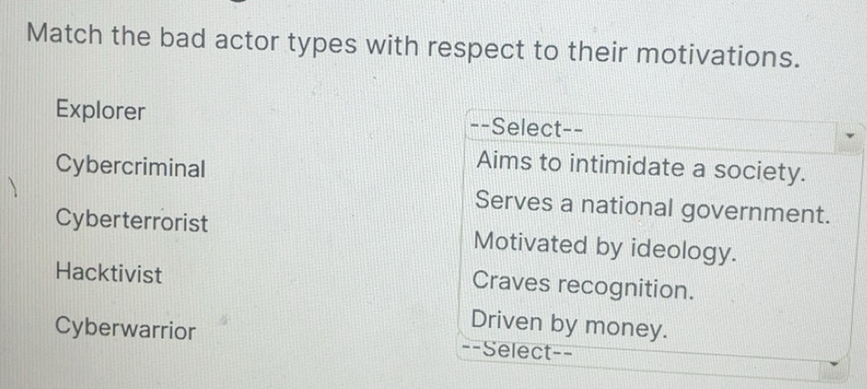 Solved: Match the bad actor types with respect to their motivations ...