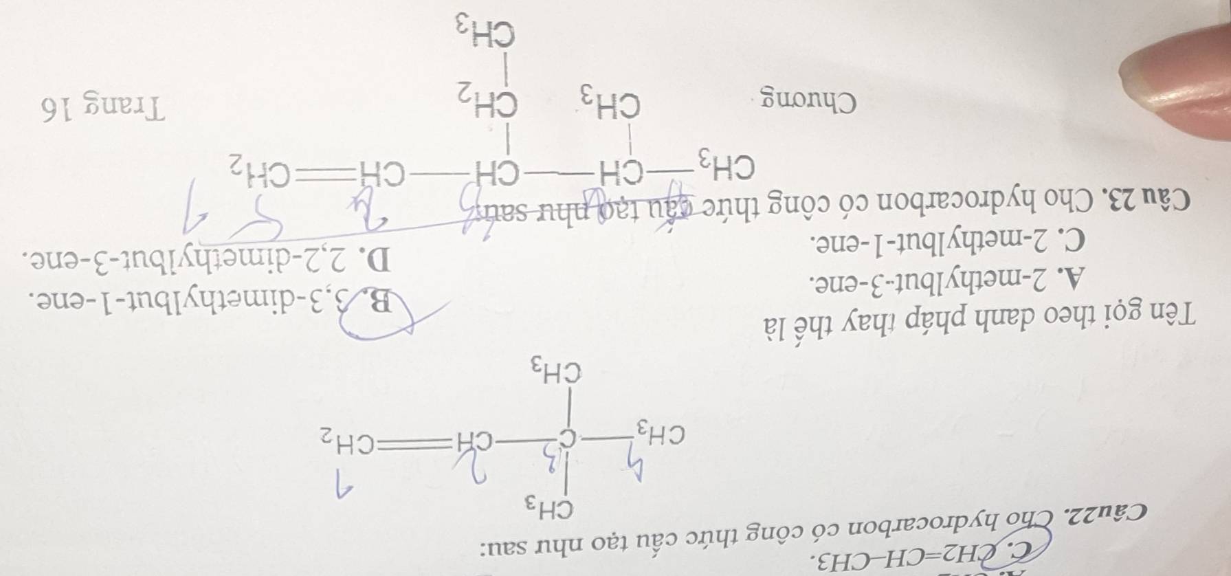 CH2=CH- CH3.
Câu22. Cho hydrocarbon có công thức cấu tạo như sau:
Tên gọi theo danh pháp thay thế là
A. 2 -methylbut -3 -ene.
B 3, 3 -dimethylbut- 1 -ene.
C. 2 -methylbut -1 -ene.
D. 2,2 -dimethylbut- 3 -ene.
Câu 23. Cho hydrocarbon có công thức câu tạo nh 1u-satf
CH=CH_2
□ 
Chương Trang 16