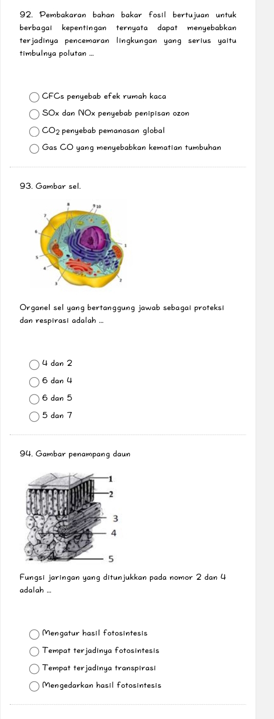 Pembakaran bahan bakar fosil bertujuan untuk
berbagai kepentingan ternyata dapat menyebabkan
terjadinya pencemaran lingkungan yang serius yaitu
timbulnya polutan ...
CFCs penyebab efek rumah kaca
SOx dan NOx penyebab penipisan ozon
CO_2 penyebab pemanasan global
Gas CO yang menyebabkan kematian tumbuhan
93. Gambar sel.
Organel sel yang bertanggung jawab sebagai proteks
dan respirasi adalah ...
4 dan 2
6 dan 4
6 dan 5
5 dan 7
94. Gambar penampang daun
Fungsi jaringan yang ditunjukkan pada nomor 2 dan 4
adalah ...
Mengatur hasil fotosintesis
Tempat terjadinya fotosintesis
Tempat terjadinya transpirasi
Mengedarkan hasil fotosintesis