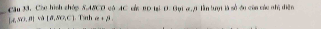 Cho hình chóp S. ABCD có AC cất BD tại O. Gọi α, β lần lượt là số đo của các nhị diện
[A,SO,B]vee hat a[B,SO,C] , Tinh alpha +beta.