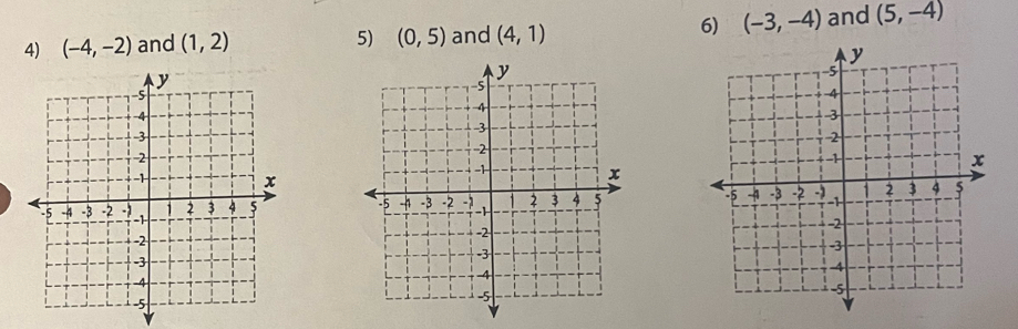 (-4,-2) and (1,2) and (4,1) and (5,-4)
5) (0,5)
6) (-3,-4)