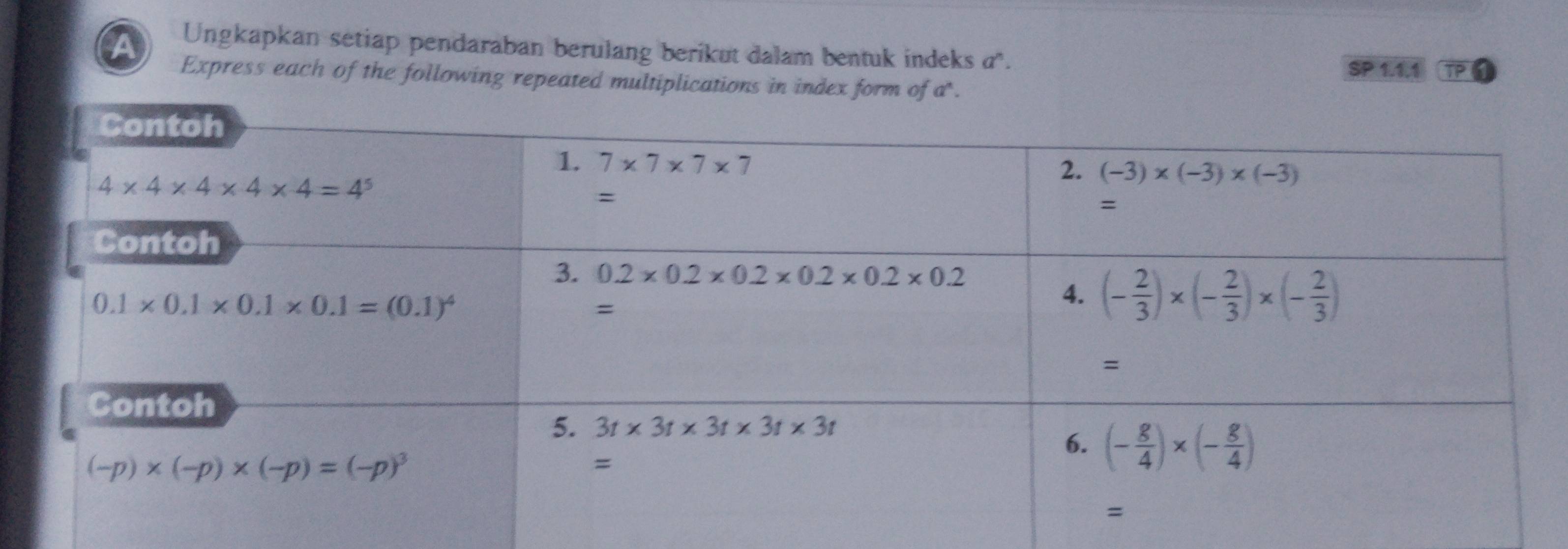 Ungkapkan setiap pendaraban berulang berikut dalam bentuk indeks a".
SP 1.1.1 TF 11
Express each of the following repeated multiplications in index form of a^n.