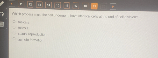 11 12 13 14 15 16 17 18 19 20 D
Which process must the cell undergo to have identical cells at the end of cell division?
meiosis
mitosis
sexual reproduction
gamete formation