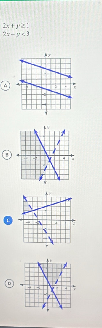 2x+y≥ 1
2x-y<3</tex>
A
B
C
D