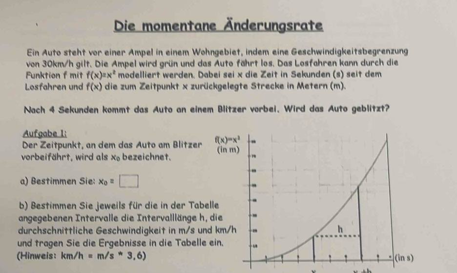 Die momentane Änderungsrate
Ein Auto steht vor einer Ampel in einem Wohngebiet, indem eine Geschwindigkeitsbegrenzung
von 30km/h gilt. Die Ampel wird grün und das Auto fährt los. Das Losfahren kann durch die
Funktion f mit f(x)=x^2 modelliert werden. Dabei sei x die Zeit in Sekunden (s) seit dem
Losfahren und f(x) die zum Zeitpunkt x zurückgelegte Strecke in Metern (m).
Nach 4 Sekunden kommt das Auto an einem Blitzer vorbei. Wird das Auto geblitzt?
Aufgabe 1:
Der Zeitpunkt, an dem das Auto am Blitzer 
vorbeifährt, wird als x, bezeichnet. 
a) Bestimmen Sie: x_0=□
b) Bestimmen Sie jeweils für die in der Tabell
angegebenen Intervalle die Intervalllänge h, di
durchschnittliche Geschwindigkeit in m/s und 
und tragen Sie die Ergebnisse in die Tabelle ei
(Hinweis: km/h=m/s*3,6).