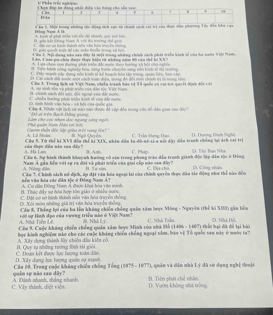 I/ Phần trắc nghiệm:
Câu 1. Một trong những tác động tích cực từ chính sách cai trị củ
Đông Nam Á là
A. kinh tế phát triển với tốc độ nhanh, quy mô lớn.
B. gắn kết Đông Nam Á với thị trường thể giới.
C. đặt cơ sở hình thành nền văn hỏa truyền thống.
D. giải quyết triệt để các mâu thuẫn trong xã hội.
Câu 2. Nội dung nào sau đây là một trong những chính sách phát triển kinh tế của ba nước Việt Nam,
Lào, Cam-pu-chia được thực hiện từ những năm 80 của thế kỉ XX?
A. Lựa chọn con đường phát triển đất nước theo hướng xã hội chủ nghĩa.
B. Tiến hành công nghiệp hóa, từng bước chuyển sang nền kinh tế thị trường.
C. Đây mạnh xây dựng nền kinh tế kế hoạch hóa tập trung, quan liêu, bao cấp.
D. Cải cách đất nước một cách toàn diện, trong đó đồi mới chính trị là trọng tâm.
Câu 3. Trong lịch sử Việt Nam, chiến tranh bão vệ Tổ quốc có vai trò quyết định đối với
A. sự sinh tồn và phát triển của dân tộc Việt Nam.
B. chính sách đối nội, đối ngoại của đất nước.
C. chiều hướng phát triển kinh tế của đất nước.
D. tình hình văn hóa - xã hội của quốc gia.
Câu 4. Nhân vật lịch sử nào nào được đề cập đến trong câu đố dân gian sau đây?
''Đố ai trên Bạch Đằng giang,
Làm cho cọc nhọn dọc ngang sáng ngời,
Phá quân Nam Hán tơi bời,
Gươm thần độc lập giữa trời vang lên? ''
A. Lê Hoàn. B. Ngô Quyền. C. Trần Hưng Đạo. D. Dương Đình Nghệ.
Câu 5. Từ thế kĩ XVI đến thế kĩ XIX, nhân dân In-đô-nê-xi-a nổi dậy đấu tranh chống lại ách cai trị
của thực dân nào sau đây?
A. Hà Lan. B. Anh. C. Pháp. D. Tây Ban Nha.
Câu 6, Sự hình thành khuynh hướng vô sản trong phong trào đấu tranh giành độc lập dân tộc ở Đông
Nam Á gắn liền với sự ra đời và phát triển của giai cấp nào sau đây?
A. Nông dân. B. Tư sản. C. Địa chủ. D. Công nhân.
Câu 7. Chính sách nô dịch, áp đặt văn hóa ngoại lai của chính quyền thực dân tác động như thế nào đến
nền văn hóa các dân tộc ở Đồng Nam Á?
A. Cư dân Đông Nam Á được khai hóa văn minh.
B. Thúc đẩy sự hòa hợp tôn giáo ở nhiều nước.
C. Đặt cơ sở hình thành nền văn hóa truyền thống.
D. Xói mòn những giá trị văn hóa truyền thống.
Câu 8. Thắng lợi của ba lần kháng chiến chống quân xâm lược Mông - Nguyên (thế kĩ XIII) gắn liền
với sự lãnh đạo của vương triều nào ở Việt Nam?
A. Nhà Tiền Lê. B. Nhà Lý. C. Nhà Trần. D. Nhà Hồ.
Câu 9. Cuộc kháng chiến chống quân xâm lược Minh của nhà Hồ (1406 - 1407) thất bại đã để lại bài
học kinh nghiệm nào cho các cuộc kháng chiến chống ngoại xâm, bảo vệ Tổ quốc sau này ở nước ta?
A. Xây dựng thành lũy chiến đấu kiên cổ.
B. Quy tụ những tướng lĩnh tài giỏi.
C. Đoàn kết được lực lượng toàn dân.
D. Xây dựng lực lượng quân sự mạnh.
Câu 10. Trong cuộc kháng chiến chống Tống (1075 - 1077), quân và dân nhà Lý đã sử dụng nghệ thuật
quân sự nào sau đây?
A. Đánh nhanh, thắng nhanh. B. Tiên phát chế nhân.
C. Vây thành, diệt viện. D. Vườn không nhà trồng.