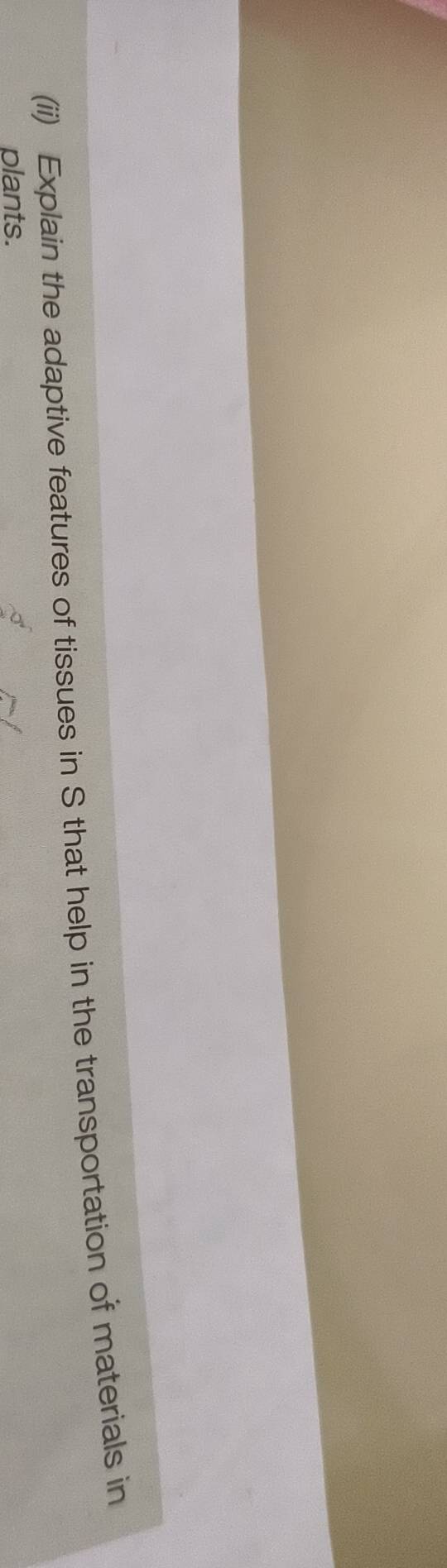(ii) Explain the adaptive features of tissues in S that help in the transportation of materials in 
plants.