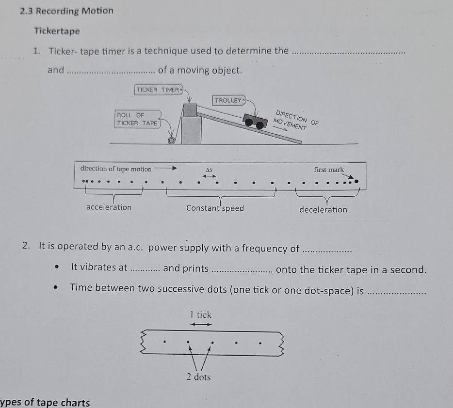 2.3 Recording Motion 
Tickertape 
1. Ticker- tape timer is a technique used to determine the_ 
and _of a moving object. 
2. It is operated by an a.c. power supply with a frequency of_ 
It vibrates at_ and prints _onto the ticker tape in a second. 
Time between two successive dots (one tick or one dot-space) is_ 
ypes of tape charts