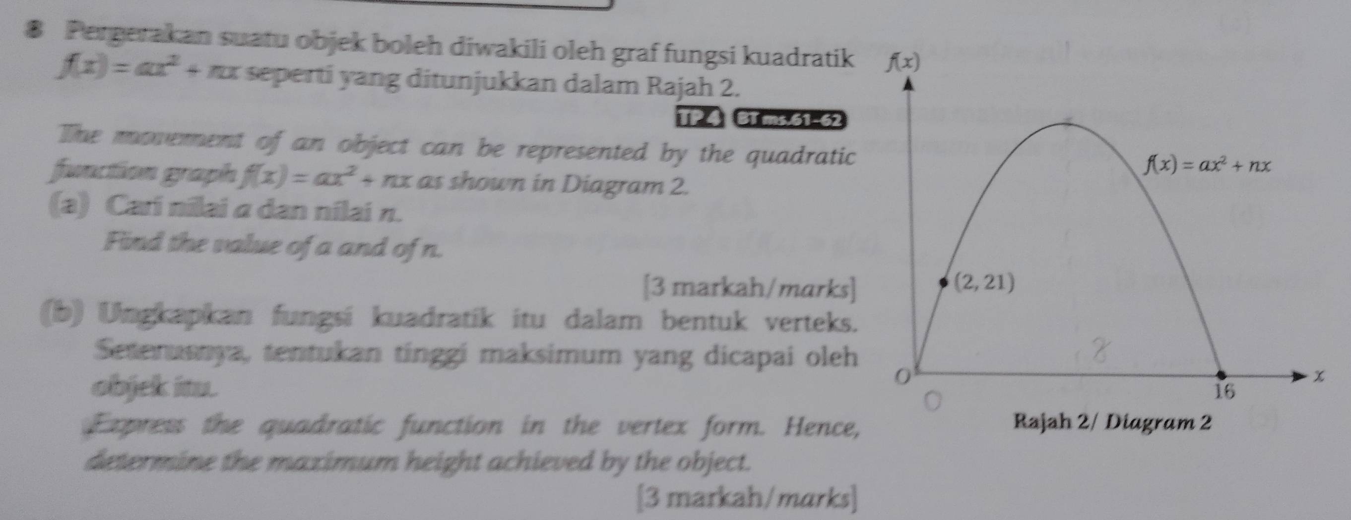 Pergerakan suatu objek boleh diwakili oleh graf fungsi kuadratik
f(x)=ax^2+nx seperti yang ditunjukkan dalam Rajah 2.
TP4 B1 ms.61-62
The movement of an object can be represented by the quadratic
fuaction graph f(x)=ax^2+nx as shown in Diagram 2.
(a) Cari nilai α dan nilai n.
Find the value of a and of n.
[3 markah/marks]
(b) Ungkapkan fungsi kuadratik itu dalam bentuk verteks.
Setenusnya, tentukan tinggi maksimum yang dicapai oleh
objek itu. 
Express the quadratic function in the vertex form. Hence, Rajah 2/ Diagram 2
determine the maximum height achieved by the object.
[3 markah/marks]