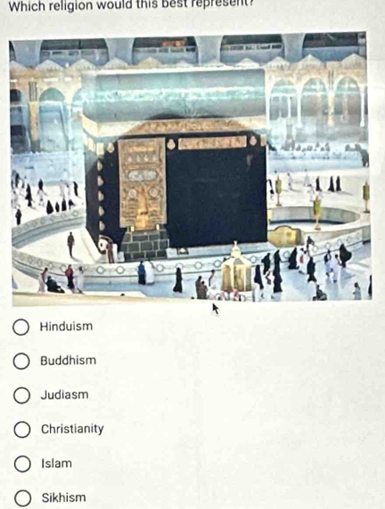 Which religion would this best represent?
Hinduism
Buddhism
Judiasm
Christianity
Islam
Sikhism