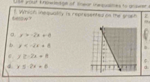 Use your knowledge of linear inequalities to answer s
1. Which inequality is represented on the graph 2
below ?
,
a. y>-2x+8
b. y b .
c y≥ 2x+8
C.
d y≤ 2x+8
o.