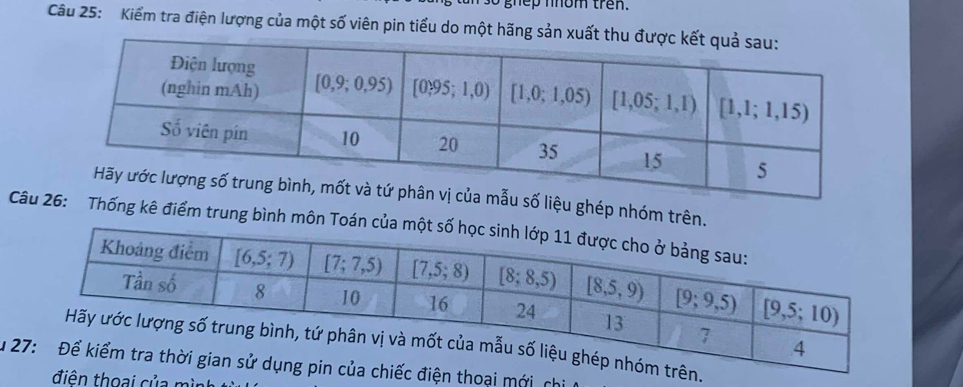 ghep nhom tren.
Câu 25: Kiểm tra điện lượng của một số viên pin tiểu do một hãng sản xuấ
hép nhóm trên.
Câu ê điểm trung bình môn Toán
u i mới, ch
thoại của m ình