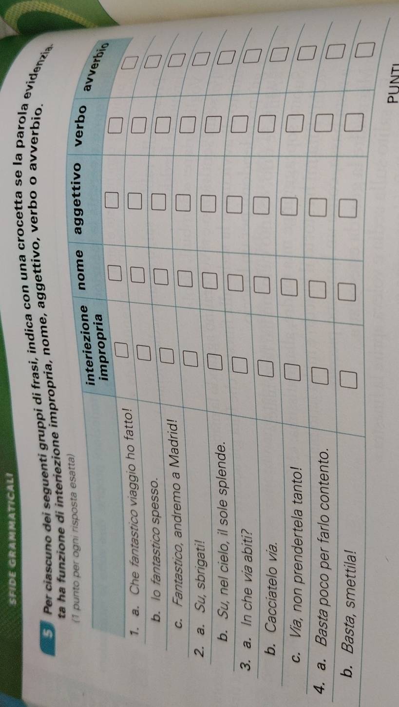 SFIDE GRAMMATICALI
Per ciascuno dei seguenti gruppi di frasi, indica con una crocetta se la parola evidenzia.
one impropria, nome, aggettivo, verbo o avverbio.
4
PUNTI