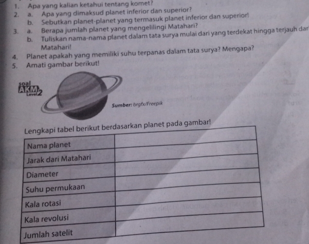 Apa yang kalian ketahui tentang komet? 
2. a. Apa yang dimaksud planet inferior dan superior? 
b. Sebutkan planet-planet yang termasuk planet inferior dan superior! 
3. a. Berapa jumlah planet yang mengelilingi Matahari? 
b. Tuliskan nama-nama planet dalam tata surya mulai dari yang terdekat hingga terjauh dar 
Matahari! 
4. Planet apakah yang memiliki suhu terpanas dalam tata surya? Mengapa? 
5. Amati gambar berikut! 
soal 
AKM2 
Sumber: brgfx/Freepik 
gambar!