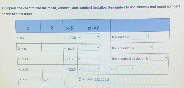 Complete the chart to find the mean, variance, and standard deviation. Remember to use commas and round numbers
to the nearest tenth.