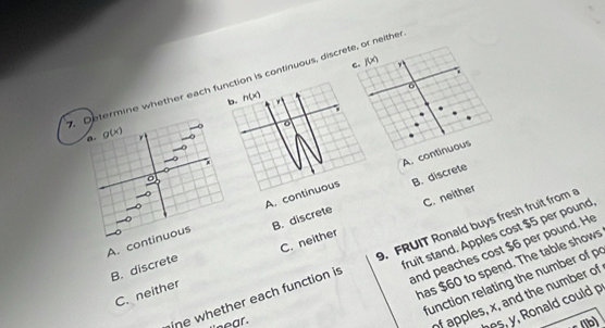f(x).
e whether each fontinuous, discrete, or neithe
o
A. continuous
B. discrete
C. neither
A. conA. 
ruit stand. Apples cost $5 per pound
B. discrete B. discrete
and peaches cost $6 per pound. He
ine whether each function is 9. FRUIT Ronald buys fresh fruit from 
has $60 to spend. The table shows
C. neither C. neither
function relating the number of p
near.
of apples, x, and the number of
es, y, Ronald could p
(b)