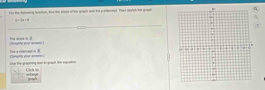 ear Modeling 
For the following function, find the slope of the graph and the y-intercept. Then sketch the graph
y=2x+8
The slope is 2
(Simplity your answer.) 
The y-intercept is 8
(Simplily your answer.) 
Use the graphing tool to graph the equation 
Click to 
enlarge 
graph