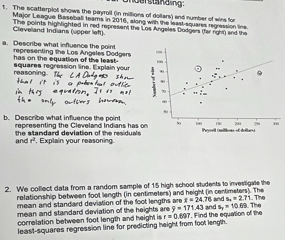 nder ständing: 
1. The scatterplot shows the payroll (in millions of dollars) and number of wins for 
Major League Baseball teams in 2016, along with the least-squares regression line. 
The points highlighted in red represent the Los Angeles Dodgers (far right) and the 
Cleveland Indians (upper left). 
a. Describe what influence the point 
representing the Los Angeles Dodgers 110
has on the equation of the least - 100
squares regression line. Explain your 90
reasoning. 
: 80
70
60
50
b. Describe what influence the point 150 200 250 300
representing the Cleveland Indians has on 50 100
the standard deviation of the residuals Payroll (millions of dollars) 
and r^2. Explain your reasoning. 
2. We collect data from a random sample of 15 high school students to investigate the 
relationship between foot length (in centimeters) and height (in centimeters). The 
mean and standard deviation of the foot lengths are overline x=24.76 and s_x=2.71. The 
mean and standard deviation of the heights are overline y=171.43 and s_y=10.69. The 
correlation between foot length and height is r=0.697. Find the equation of the 
least-squares regression line for predicting height from foot length.