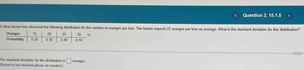 Question 3, 151 5 
A citus farmer has observed the following distribution for the number of oranges per tree. The fammer expects 22 oranges per tree on average. What is the standard deviation for this distribution? 
The standerd deviation for the distribution is □ 
Round to two docimal places as needed ) oranges.