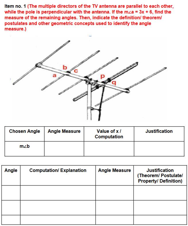 ltem no. 1 (The multiple directors of the TV antenna are parallel to each other,
while the pole is perpendicular with the antenna. If the m∠ a=3x+6 , find the
measure of the remaining angles. Then, indicate the definition/ theorem/
postulates and other geometric concepts used to identify the angle
measure.)