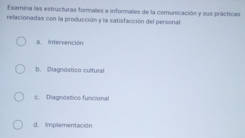 Examina las estructuras formales e informales de la comunicación y sus prácticas
relacionadas con la producción y la satisfacción del personal:
a. Intervención
b. Diagnóstico cultural
c. Diagnóstico funcional
d. Implementación