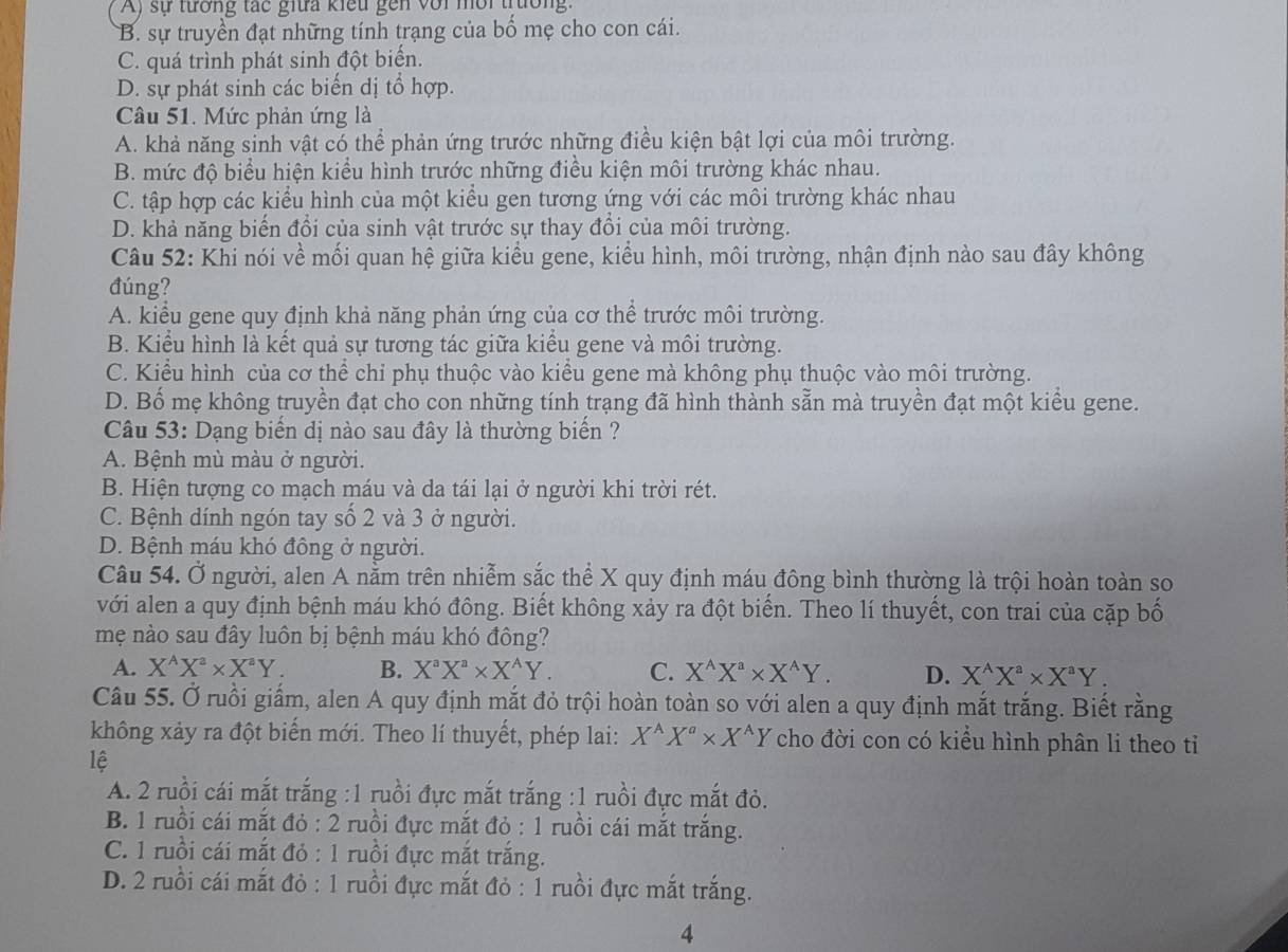 A) sự tưrởng tắc giữa kiểu gên với mời trường.
B. sự truyền đạt những tính trạng của bố mẹ cho con cái.
C. quá trình phát sinh đột biển.
D. sự phát sinh các biến dị tổ hợp.
Câu 51. Mức phản ứng là
A. khả năng sinh vật có thể phản ứng trước những điều kiện bật lợi của môi trường.
B. mức độ biểu hiện kiểu hình trước những điều kiện môi trường khác nhau.
C. tập hợp các kiểu hình của một kiểu gen tương ứng với các môi trường khác nhau
D. khả năng biến đổi của sinh vật trước sự thay đổi của môi trường.
Câu 52: Khi nói về mối quan hệ giữa kiểu gene, kiểu hình, môi trường, nhận định nào sau đây không
đúng?
A. kiểu gene quy định khả năng phản ứng của cơ thể trước môi trường.
B. Kiểu hình là kết quả sự tương tác giữa kiểu gene và môi trường.
C. Kiểu hình của cơ thể chỉ phụ thuộc vào kiểu gene mà không phụ thuộc vào môi trường.
D. Bố mẹ không truyền đạt cho con những tính trạng đã hình thành sẵn mà truyền đạt một kiểu gene.
Câu 53: Dạng biển dị nào sau đây là thường biển ?
A. Bệnh mù màu ở người.
B. Hiện tượng co mạch máu và da tái lại ở người khi trời rét.
C. Bệnh dính ngón tay số 2 và 3 ở người.
D. Bệnh máu khó đồng ở người.
Câu 54. Ở người, alen A nằm trên nhiễm sắc thể X quy định máu đông bình thường là trội hoàn toàn so
với alen a quy định bệnh máu khó đông. Biết không xảy ra đột biển. Theo lí thuyết, con trai của cặp bố
mẹ nào sau đây luôn bị bệnh máu khó đông?
A. X^(wedge)X^a* X^aY. B. X^aX^a* X^AY. C. X^(wedge)X^a* X^(wedge)Y. D. X^(wedge)X^a* X^aY.
Câu 55. Ở ruồi giấm, alen A quy định mắt đỏ trội hoàn toàn so với alen a quy định mắt trắng. Biết rằng
không xảy ra đột biến mới. Theo lí thuyết, phép lai: X^(wedge)X^a* X^(wedge)Y cho đời con có kiểu hình phân li theo tỉ
lệ
A. 2 ruồi cái mắt trắng :1 ruồi đực mắt trắng :1 ruồi đực mắt đỏ.
B. 1 ruồi cái mắt đỏ : 2 ruồi đực mắt đỏ : 1 ruồi cái mắt trắng.
C. 1 ruồi cái mắt đỏ : 1 ruồi đực mắt trắng.
D. 2 ruồi cái mắt đỏ : 1 ruồi đực mắt đỏ : 1 ruồi đực mắt trắng.
4