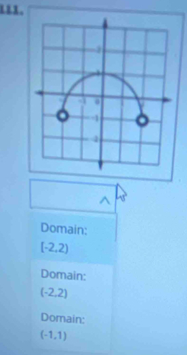 -1
Domain:
[-2,2)
Domain:
(-2,2)
Domain:
(-1,1)