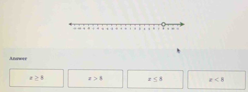 Answer
x≥ 8
x>8
x≤ 8
x<8</tex>