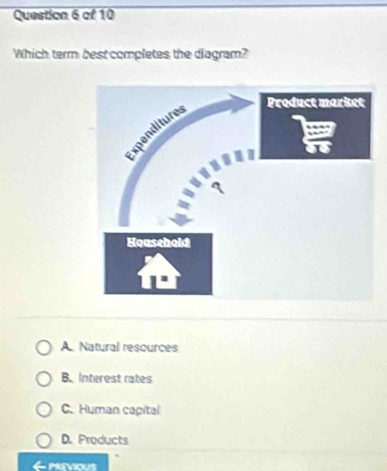 Which term best completes the diagram?
A. Natural resources
B. Interest rates
C.Human capital
D. Products
PREVIOUS