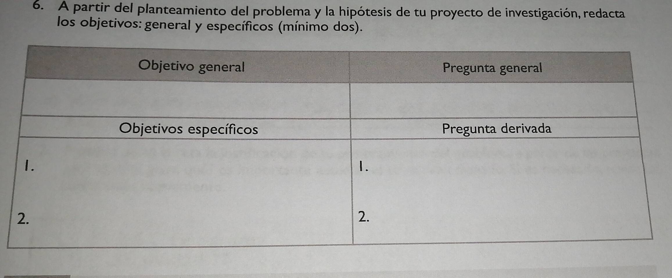 A partir del planteamiento del problema y la hipótesis de tu proyecto de investigación, redacta 
los objetivos: general y específicos (mínimo dos).