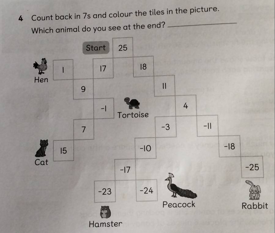 Count back in 7s and colour the tiles in the picture. 
Which animal do you see at the end? 
_ 
t 
Hamster