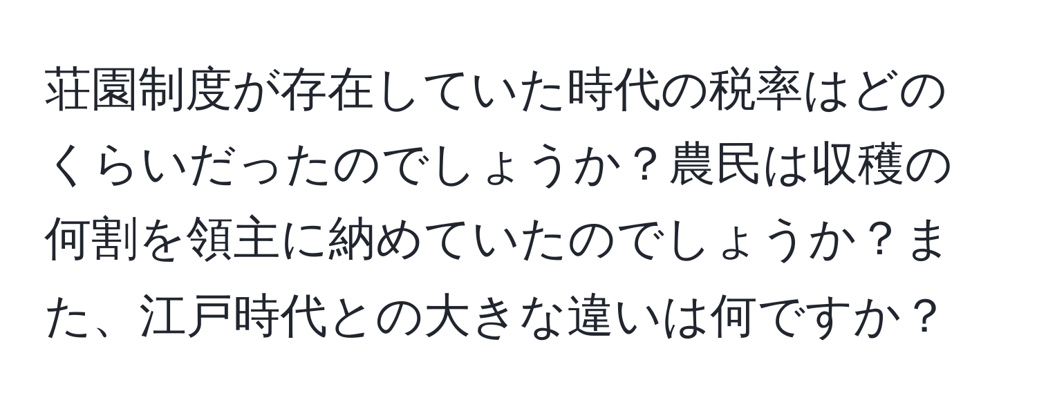 荘園制度が存在していた時代の税率はどのくらいだったのでしょうか？農民は収穫の何割を領主に納めていたのでしょうか？また、江戸時代との大きな違いは何ですか？