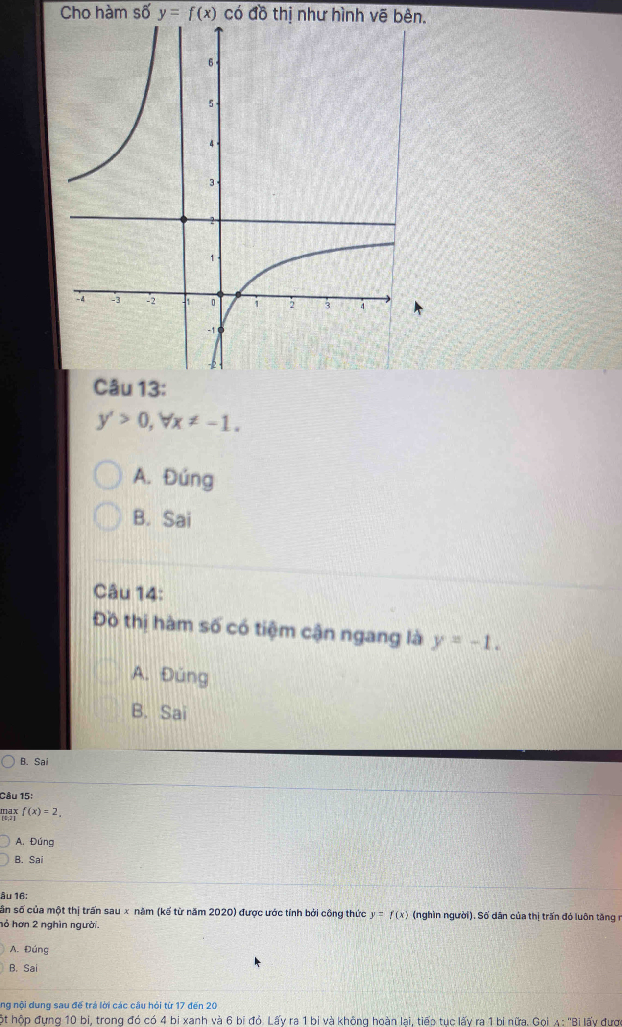 Cho hàm số y=f(x) có đồ thị như hình vẽ bên.
Câu 13:
y'>0, forall x!= -1.
A. Đúng
B. Sai
Câu 14:
Đồ thị hàm số có tiệm cận ngang là y=-1.
A. Đúng
B.Sai
B. Sai
Câu 15:
f(x)=2.
A. Đúng
B. Sai
âu 16:
sân số của một thị trấn sau x năm (kể từ năm 2020) được ước tính bởi công thức y=f(x) (nghìn người). Số dân của thị trấn đó luôn tăng n
hỏ hơn 2 nghìn người.
A. Đúng
B. Sai
ng nội dung sau đế trá lời các câu hỏi từ 17 đến 20
hột hộp đựng 10 bi, trong đó có 4 bi xanh và 6 bi đỏ. Lấy ra 1 bi và không hoàn lại, tiếp tục lấy ra 1 bi nữa. Gọi A: 'Bì lấy được