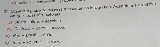 oxítona - paroxitona - proparox
21. Observe o grupo de palavras transcritas do infográfico. Assinale a alternativa
em que todas são oxítonas.
a) África - litros - absoluta.
b) Carência - doce - pessoa.
c) País - Brasil - bilhão.
d) Terra - volume - Unidos.