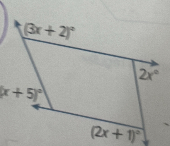 (3x+2)^circ 
2x°
(x+5)^circ 
(2x+1)^circ 