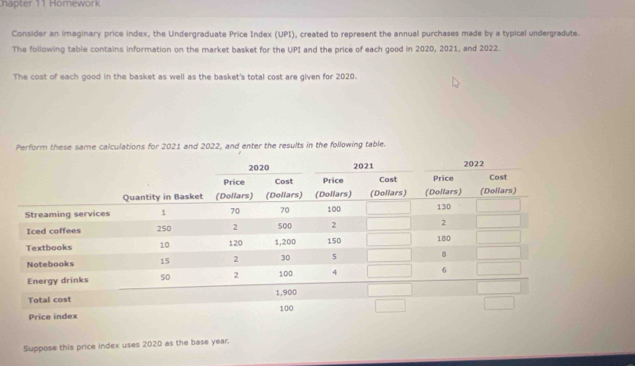 hapter 11 Homework 
Consider an imaginary price index, the Undergraduate Price Index (UPI), created to represent the annual purchases made by a typical undergradute. 
The following table contains information on the market basket for the UPI and the price of each good in 2020, 2021, and 2022. 
The cost of each good in the basket as well as the basket's total cost are given for 2020. 
Perform these same calculations for 2021 and 2022, and enter the results in the following table. 
Suppose this price index uses 2020 as the base year.