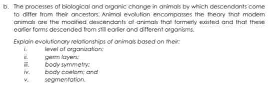 The processes of biological and organic change in animals by which descendants come 
to differ from their ancestors. Animal evolution encompasses the theory that modern 
animals are the modified descendants of animals that formerly existed and that these 
earlier forms descended from still earlier and different organisms. 
Explain evolutionary relationships of animals based on their: 
i. level of organization; 
ii. germ layers; 
ⅲ. body symmetry; 
iv. body coelom; and 
V. ; segmentation.