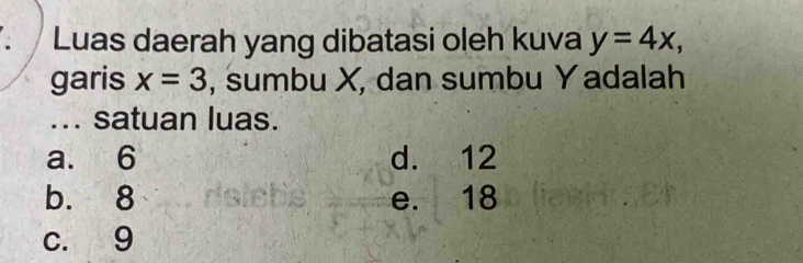 Luas daerah yang dibatasi oleh kuva y=4x, 
garis x=3 , sumbu X, dan sumbu Y adalah
... satuan luas.
a. 6 d. 12
b. 8 e. 18
c. 9