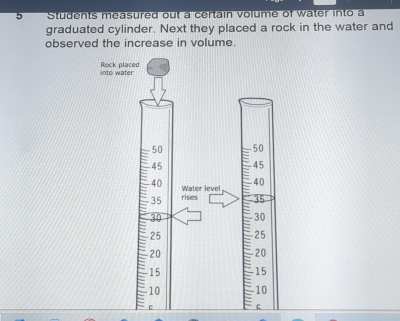 Students measured out a certain volume of water into a 
graduated cylinder. Next they placed a rock in the water and 
observed the increase in volume. 
into wa Rock pl