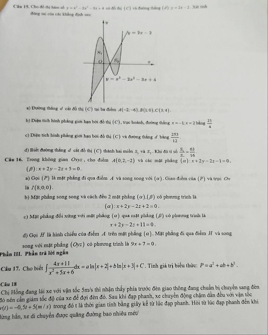 Câu 15, Cho đồ thị hàm số y=x^3-2x^2-3x+4 có đồ thị (C) và đường thắng (4) y=2x-2 Xét tính
đũng sai của các khẳng định sau:
a) Đường thắng đ cắt đồ thị (C) tại ba điểm A(-2;-6),B(1;0),C(3;4).
b) Diện tích hình phẳng giới hạn bởi đồ thị (C), trục hoành, đường thắng x=-1;x=2 bàng  21/4 
c) Diện tích hình phẳng giới hạn bởi đồ thị (C) và đường thằng ở bằng  253/12 .
d) Biết đường thẳng đ cắt đồ thị (C) thành hai miền S_1 và S_2. Khi đó tỉ số frac S_1S_2= 63/16 .
Câu 16. Trong không gian Oxyz , cho điểm A(0,2,-2) và các mặt phẳng (alpha ):x+2y-2z-1=0.
(beta ):x+2y-2z+5=0.
a) Gọi (P) là mặt phẳng đi qua điểm A và song song với (α). Giao điểm của (P) và trục Ox
là I(8;0;0).
b) Mặt phẳng song song và cách đều 2 mặt phẳng (α),(β) có phương trình là
(a ):x+2y-2z+2=0.
c) Mặt phẳng đối xứng với mặt phẳng (α) qua mặt phẳng (β) có phương trình là
x+2y-2z+11=0.
d) Gọi H là hình chiếu của điểm A trên mặt phẳng (α). Mặt phẳng đi qua điểm H và song
song với mặt phẳng (Oyz) có phương trình là 9x+7=0.
Phần III. Phần trã lời ngắn
Câu 17. Cho biết ∈t  (4x+11)/x^2+5x+6 dx=aln |x+2|+bln |x+3|+C. Tính giá trị biểu thức: P=a^2+ab+b^2.
Câu 18
Chị Hồng đang lái xe với vận tốc 5m/s thì nhận thấy phía trước đèn giao thông đang chuẩn bị chuyền sang đèn
nó nên cần giảm tốc độ của xe để đợi đèn đỏ. Sau khi đạp phanh, xe chuyển động chậm dần đều với vận tốc
v(t)=-0,5t+5(m/s) trong đó t là thời gian tính bằng giây kể từ lúc đạp phanh. Hỏi từ lúc đạp phanh đến khi
hừng hằn, xe di chuyển được quãng đường bao nhiêu mét/