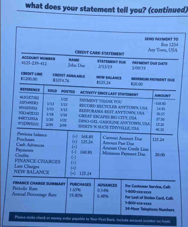 what does your statement tell you? (continued) 
SEND PAYMENT TO 
Box 1234 
Any Town, USA 
CREDIT CARD STATEMENT 
ACCOUNT NUMBER NAME STATEMENT DUE PAYMENT DUE DATE 
4125-239-412 John Doc 2/13/19 3/09/19 
der payable to Your First Bank. Include account number on front.